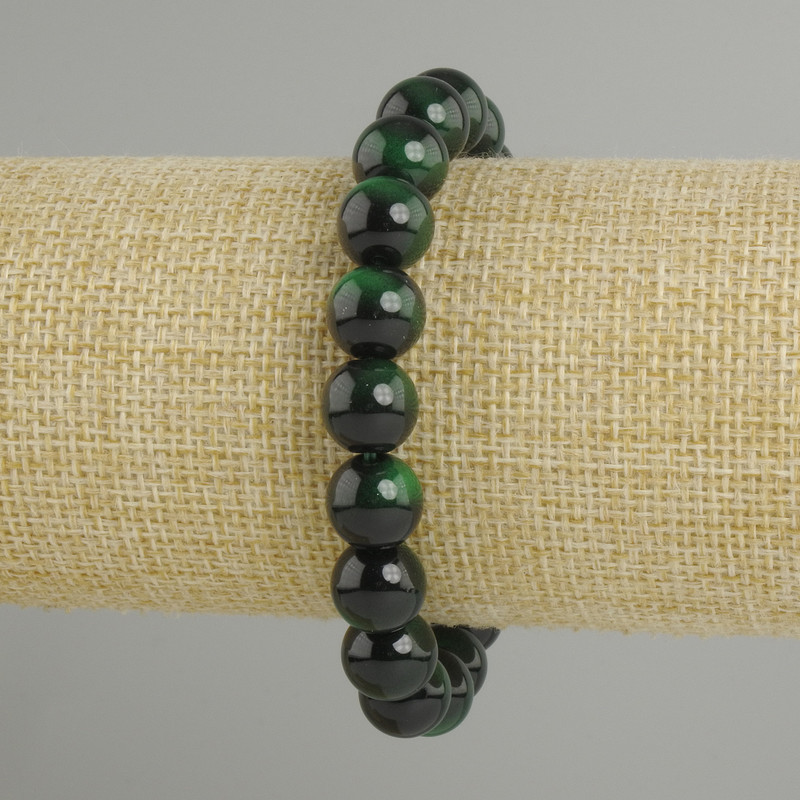 Bransoletka z zielonego tygrysiego oka, gładkie kulki, średnica 10 mm, długość 18 cm, na elastycznej gumce