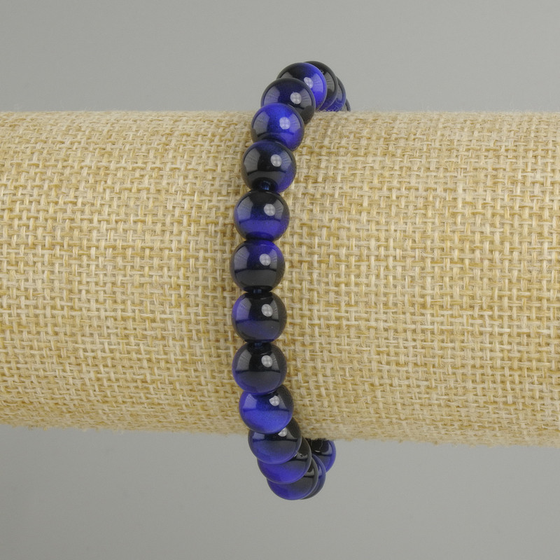 Bransoletka z niebieskim tygrysim okiem, gładkie kulki, średnica 8 mm ±, długość 18 cm ±, elastyczna