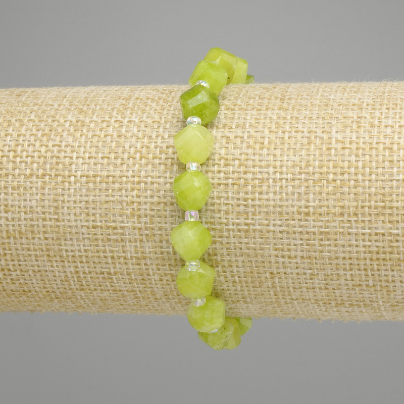 Bransoletka Chrizo-lit Olivin oszlifowany rombik, średnica 7-8×7-7,5mm+ bądź 3mm+ czesanki, długość 18cm ± elastyczna