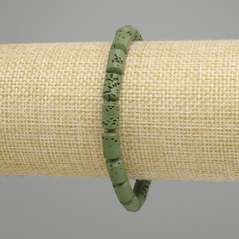 Bransoletka z lawy wulkanicznej, cylindryczne koraliki 10×6 mm, kolor zielony, długość 18 cm, elastyczna