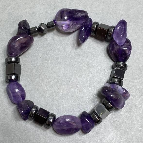 Bransoleta Ametyst galtawek 12x4-17mm+- hematyt rondel 8x4mm+- kostka 6mm+, długość 18cm +- elastyczna