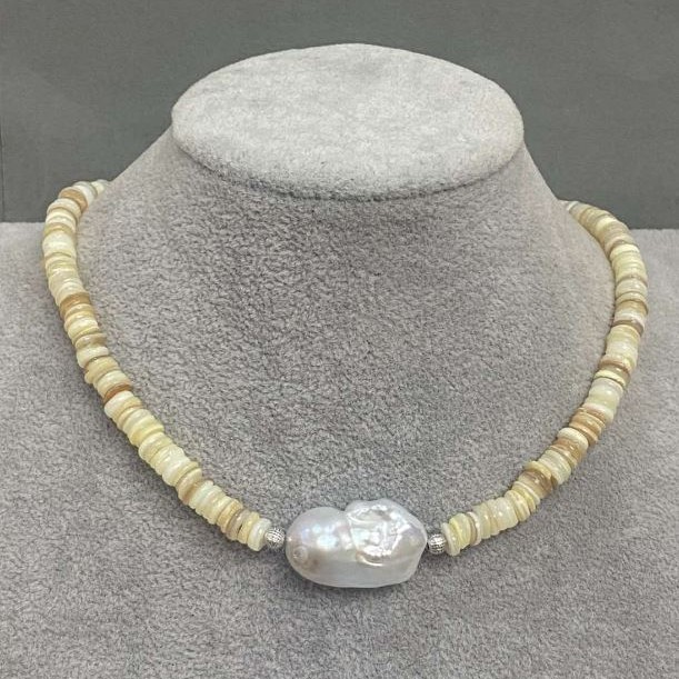 Choker z muszli Scapharca rondel 6x2mm+- Perła barokowa 26x17mm, długość 37cm +5cm łańcuszek