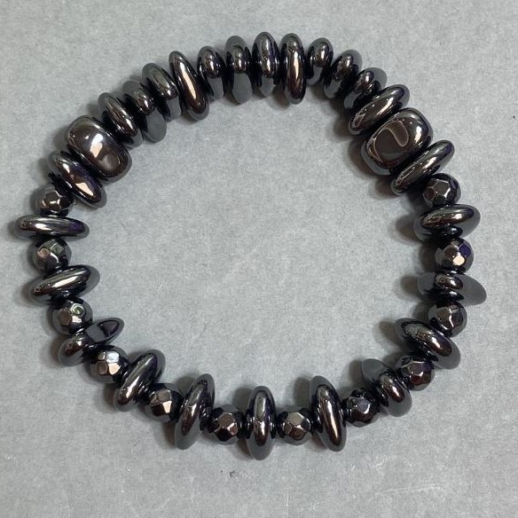 Bransoletka hematit gwintowana 12x4-8mm+- fasetowane kule 6mm+-, długość 18cm +- elastyczna