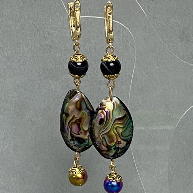 Kolczyki Haliotys 25x18 mm ± Agat Hematyt kula 8 mm ±, długość 78 mm ±
