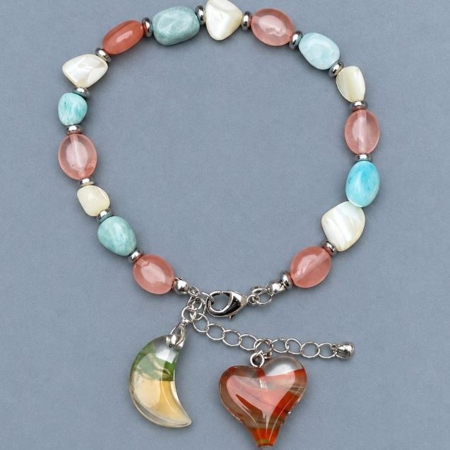 Bransoletka Perła, chalcedon, amazonit szlifowany 7-10x7-8mm (+/-), długość 18 cm +5 cm przedłużający łańcuszek