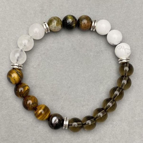 Bransoletka Kacholong Rauchtopaz Tygrysie Oko gładka kulka 8-9 mm+- , długość 18 cm+- na gumce
