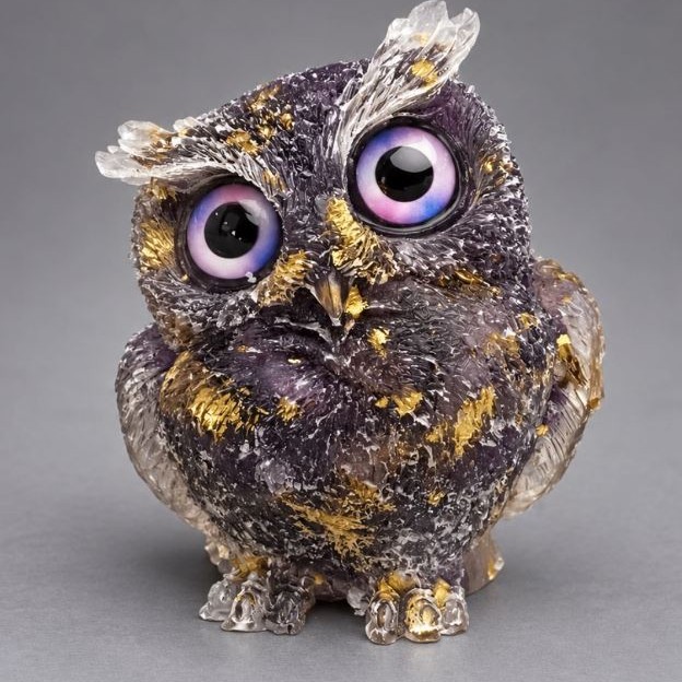 Suwenirowa figurka Sowa z przetworzonym skruszem ametystu w żywicy, średnica 60x50x40 mm+