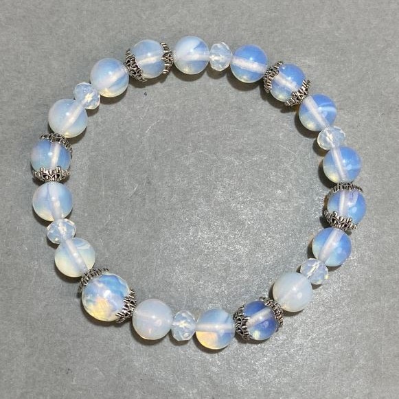 Bransoletka z opalitu kulka 8 mm ± szlifowany rodel 6x5 mm ± z wstawkami, długość 18 cm ± strecz