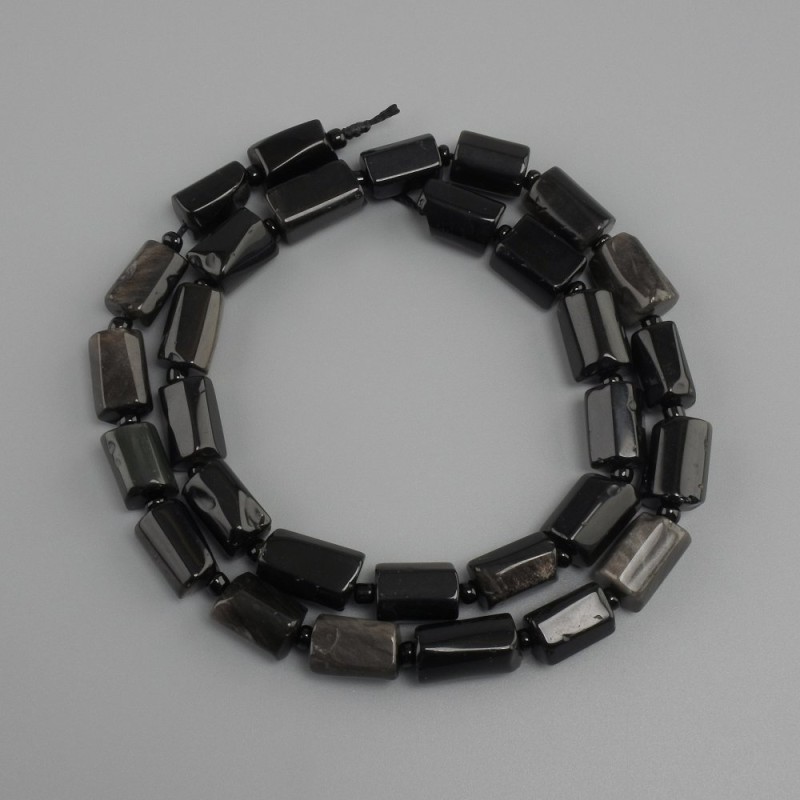 Koraliki srebrzysty obsydian, cięcie/rybka, średnica 11-13x7-8 mm +- koralik 3 mm +-, długość 39 cm +-