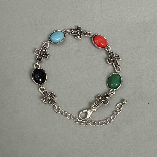 Metalowa bransoletka z kolorowymi kaboszonami 14 mm ± krzyż 14 x 11 mm +-, długość 19-25 cm