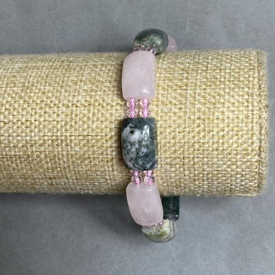 Bransoletka Różowy kwarc Mchowy agat ogniwa 17x10 mm +- Czeski kryształ, długość 18 cm +- strecz