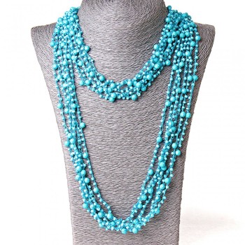 ( 140 cm ) Naszyjnik Pajęczyna z okrągłymi zawieszkami - błękitny