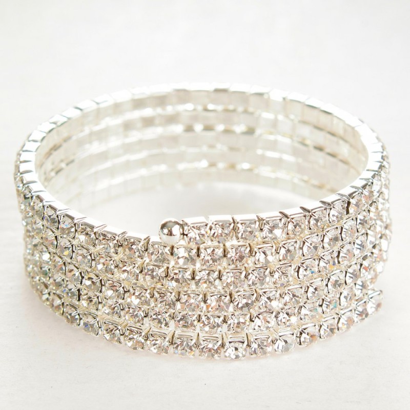 Bransoletka spiralna na pięć zawijasów, białe kryształy, obwód 18–22 cm