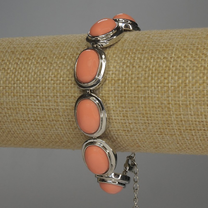 Wyprzedażowa bransoletka z różowego koralu (sztuczny) w owalnej oprawie 20×14 mm, zapięcie Toggle 19–23 cm