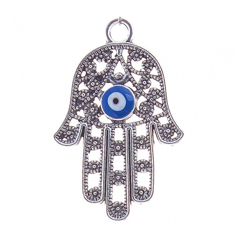 Wisiorek Hamsa z okiem, srebrny kolor metalu, 40 mm (opakowanie 4 szt.)