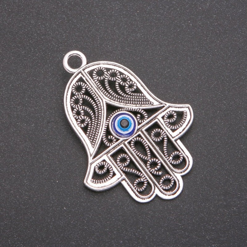 Wisiorek Hamsa z okiem, kolor metalu: srebro, 65 mm (opakowanie 2 szt.)