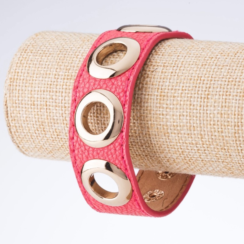 Bransoletka Tin Tin z ekoskóry na zatrzaskach w kolorze różowym z złotymi nitami, szerokość 2,5 cm, długość 18–23 cm
