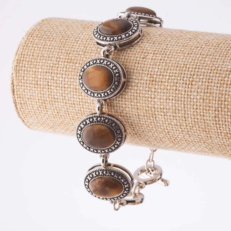 Wyprzedaż: bransoletka z tygrysiego oka, oprawa „kropka krzyżyk”, owalny kamień 22×18 mm, 7 sztuk kamieni, długość 20–22 cm