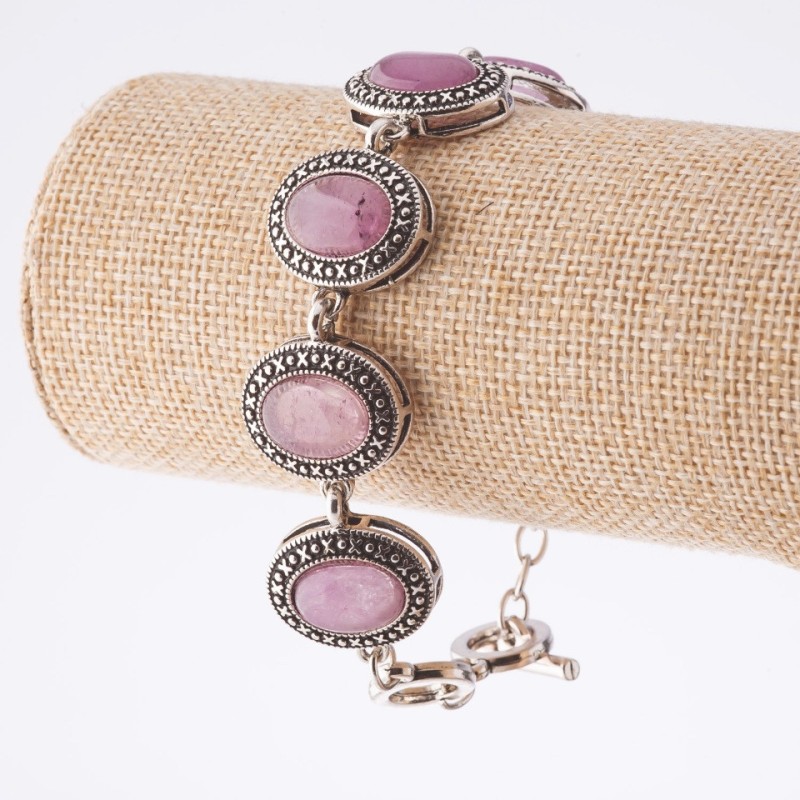 Wyprzedaż: bransoletka z ametystem w oprawie „kropka krzyżyk” – owalny kamień 22×18 mm, 7 szt., długość 20–22 cm
