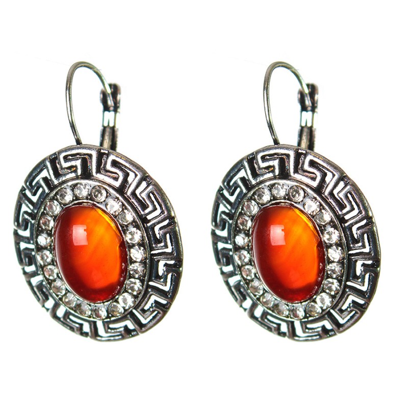 Kolczyki z karneolem w oprawie greckiej, z kryształami, owalny kamień 2,5 × 3 cm, długość 3,9 cm