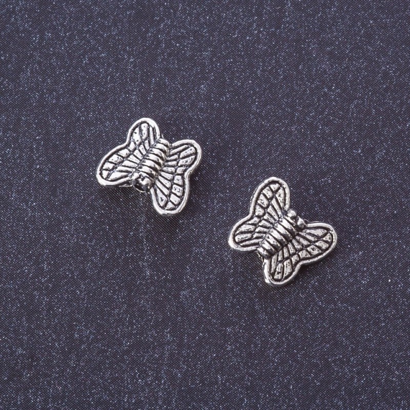 Koralik-wkładka «Motyl» w kolorze srebra, 10×9 mm, opakowanie 20 g, +/- 40 szt.