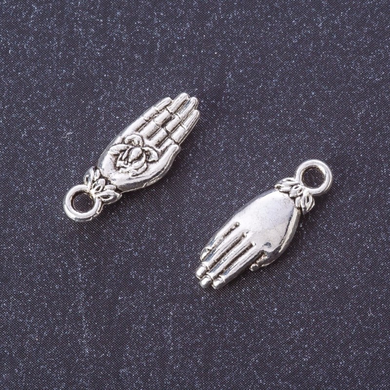 Zawieszka Dłoń z różą, kolor metalu: srebro, 18×6 mm