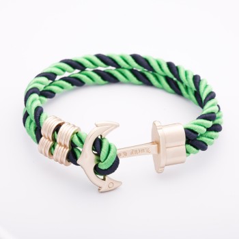 Bransoletka damska "Kotwica" niebiesko-zielony pleciony sznurek tekstylny, kolor metalu "matowe złoto", długość 22 cm