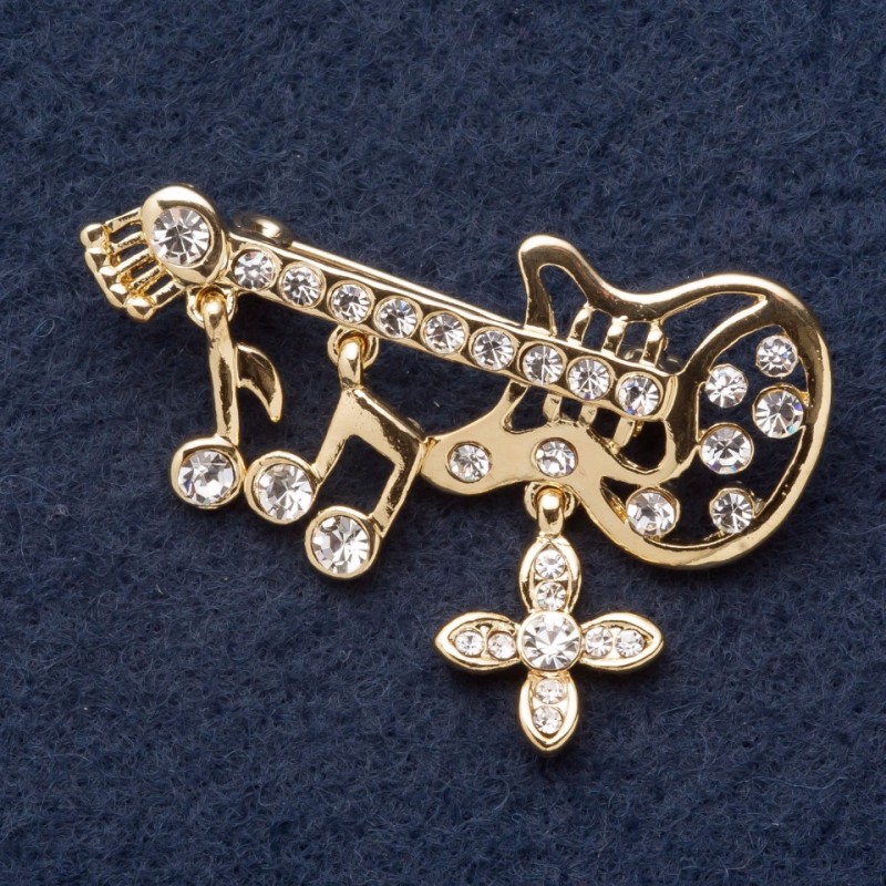 Broszka „Kosztowna Gitara” 5×2 cm z zawieszkami, kryształami, z żółtego metalu