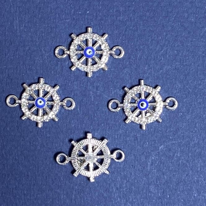 Konektor naszyjnikowy w formie koła sterowego z kryształami, srebrzyste wykończenie, 1,5×2 cm, zestaw 4 szt.