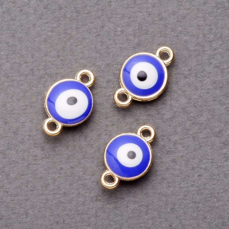 Konektor–zawieszka «Oko» niebieska emalia 10 mm, złociste wykończenie, 4 szt.