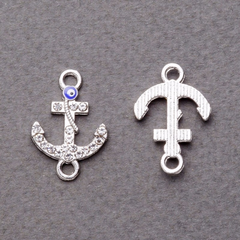 Zawieszka–konektor z kryształkami w oczach, w kształcie kotwicy, srebrzysta, 2 × 1,5 cm, opakowanie 4 szt.