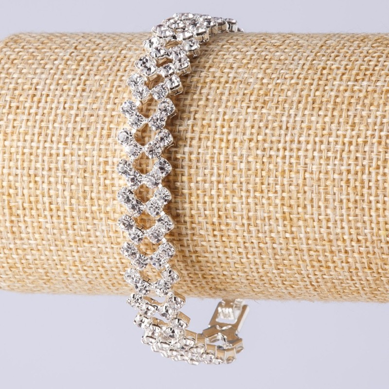 Bransoletka z cyrkoniami na zapięciu dwurzędowym, w kolorze metalu 'srebro', długość 19 cm, szerokość 12 mm