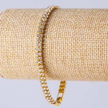 Bransoletka z cyrkoniami na zamek, dwurzędowa, kolor metalu 'złoto', długość 19 cm, szerokość 5 mm