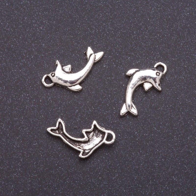 Zawieszka Delfin, szerokość 11 mm, średnica d mm, długość L0 mm, metal szary, masa 20 g, +/- 34 szt.