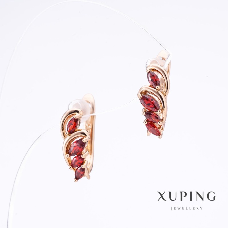 Kolczyki Xuping z czerwonymi kamieniami, pozłacane 18K, długość 1,5 cm, grubość 6 mm