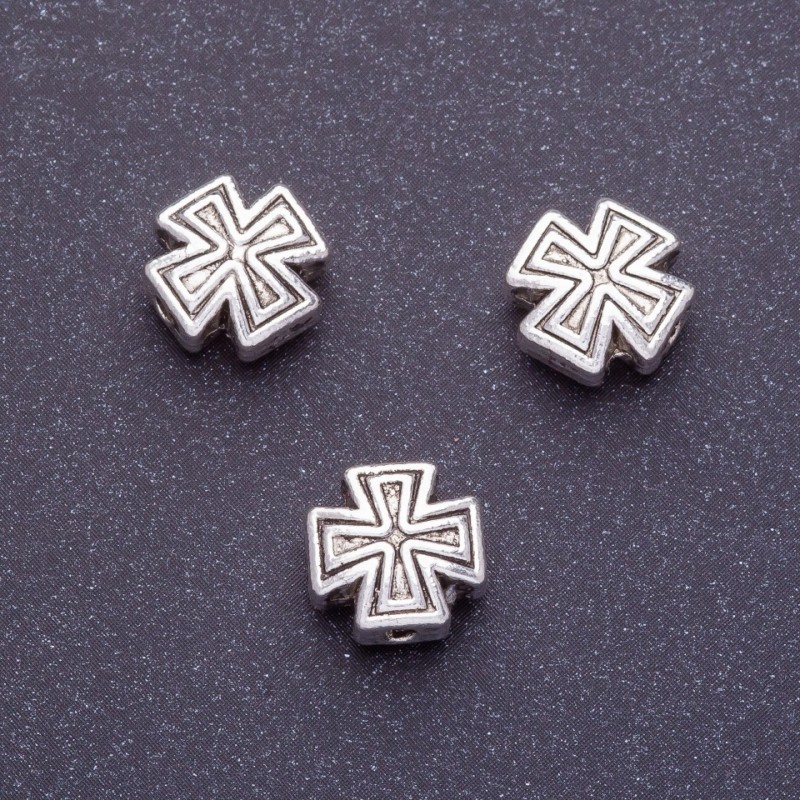 Koralik-wstawka w kształcie krzyża, długość 10 mm, średnica otworu 1,5 mm, kolor srebrny, opakowanie 20 g +/- 10 szt.