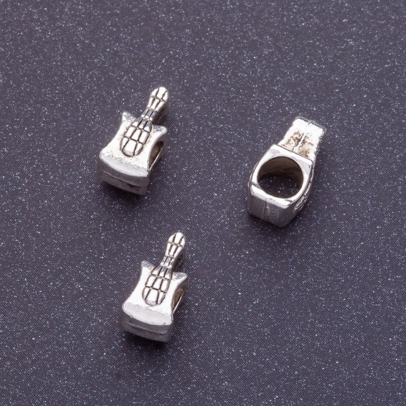 Koralik Pandora w kształcie gitary, długość 11 mm, średnica otworu 1–4 mm, kolor srebrny, opakowanie 20 g + 24 szt.