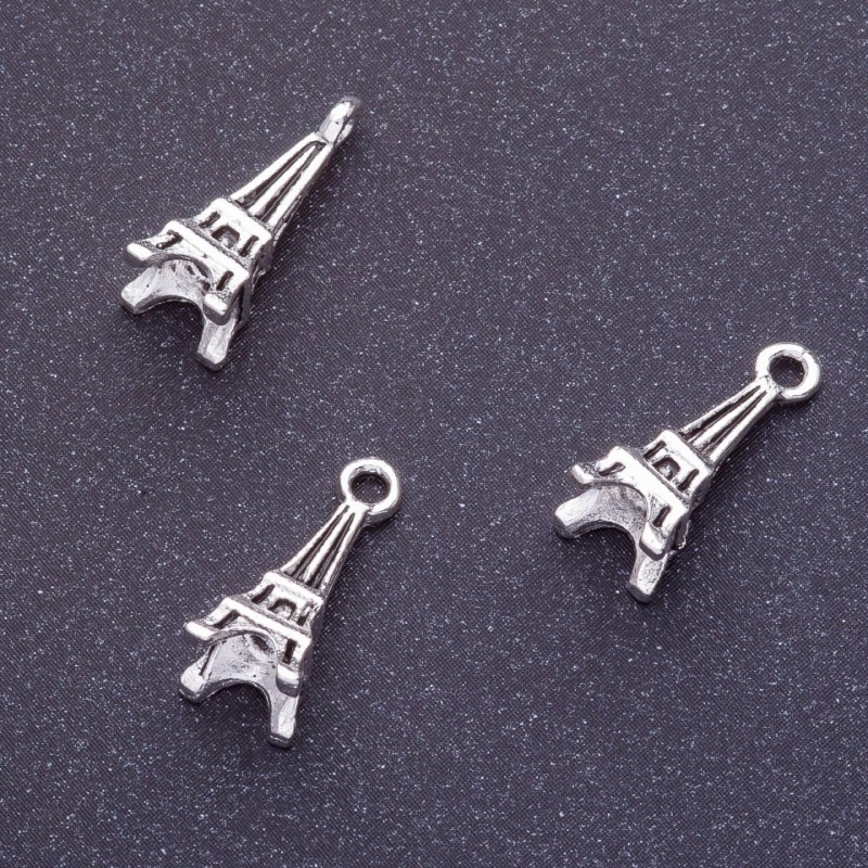 Zawieszka – Wieża Eiffla, długość 16 mm, średnica 1,5 mm, kolor srebrny, wykończenie 20 g, ± 23 szt.