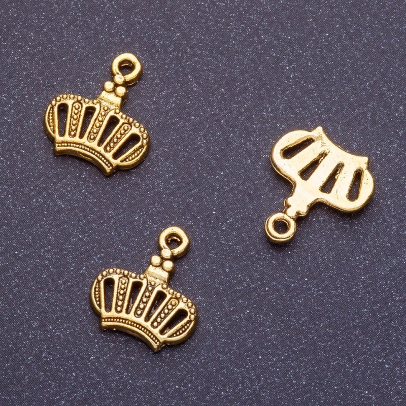 Zawieszka do biżuterii w kształcie korony, długość 14 mm, d1-1, 5 mm, kolor stare złoto, fas. 20 g +/- 23 szt.