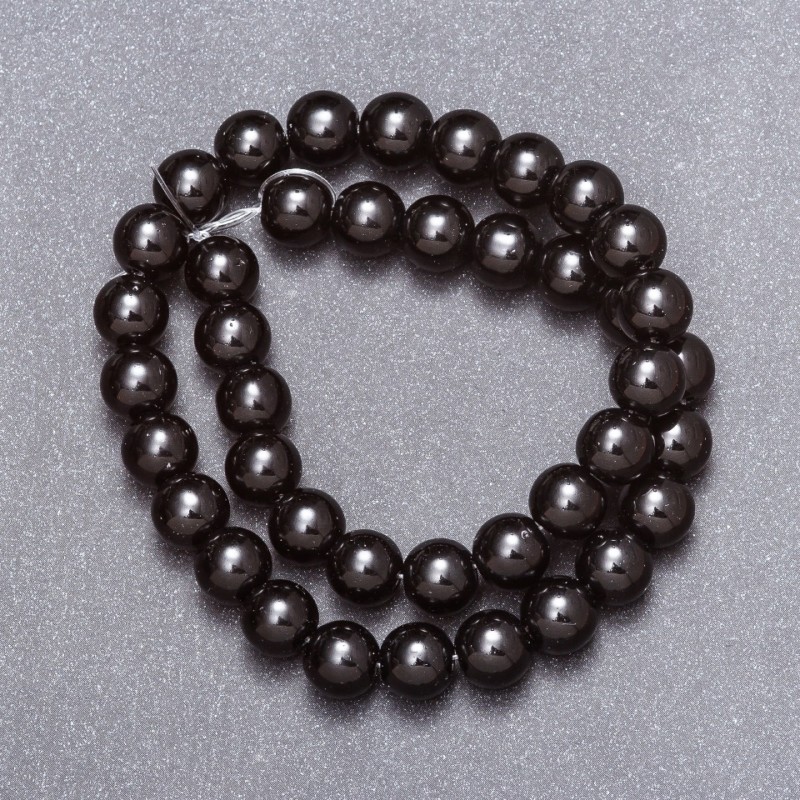 Koraliki z czarnego agatu (prasowane) — gładka kulka, średnica 10 mm, długość 37 cm