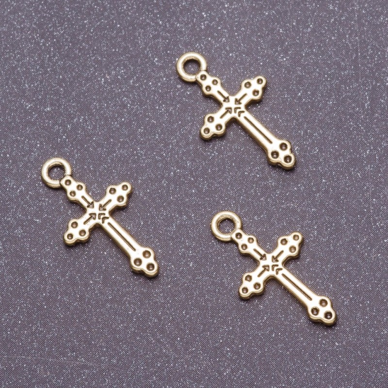 Zawieszka w kształcie krzyżyka, średnica 12 mm, długość 20 mm, metal w kolorze brązu, pak. 20 g ± 36 szt.
