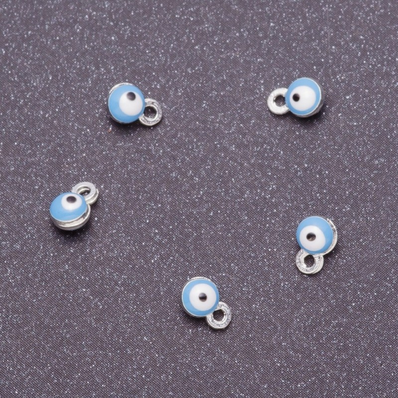 Zawieszka jubilerska w formie oka, średnica 4 mm, długość 6 mm, błękitna emalia, metal szary, 14 szt.