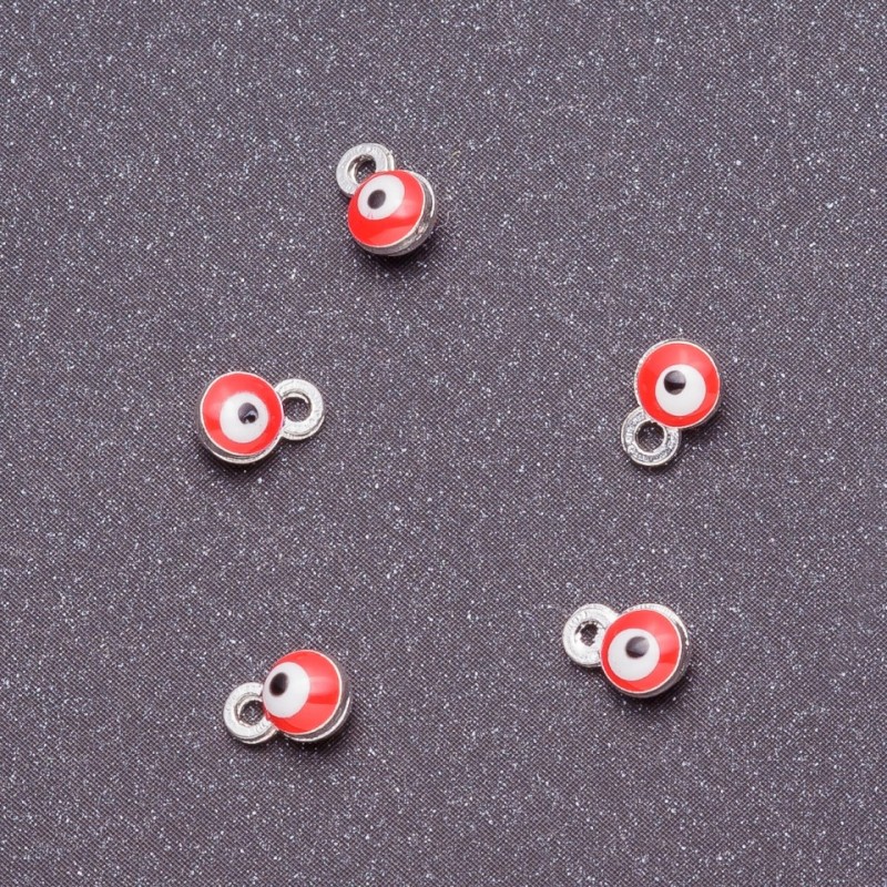 Zawieszka 'oczy', średnica 4 mm, długość 6 mm, czerwona emalia, metal w kolorze szarym, 14 szt.