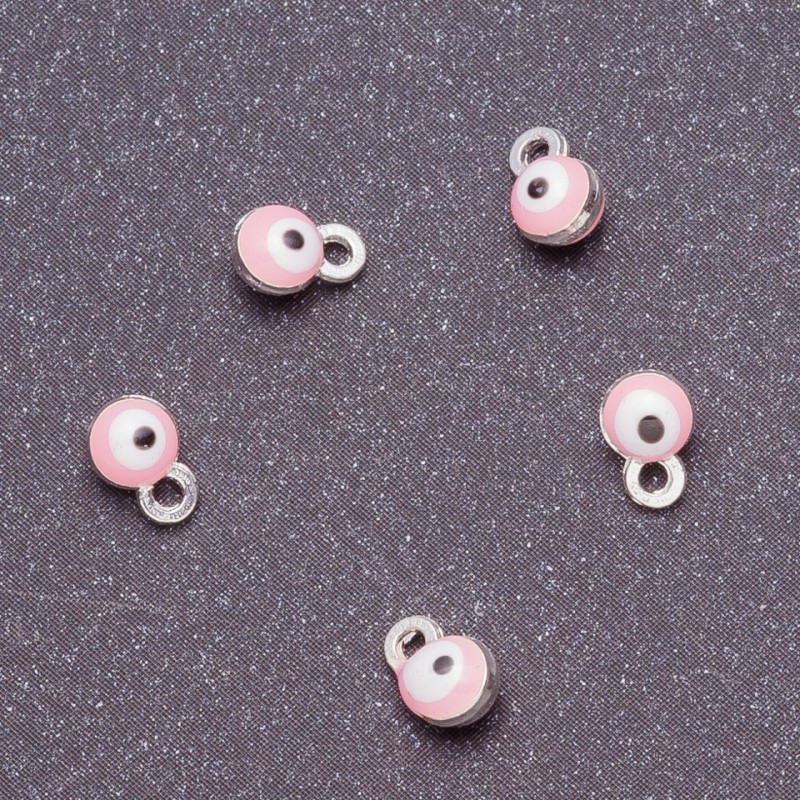 Zawieszka do biżuterii w kształcie oka, średnica 4 mm, długość 6 mm, różowa emalia, metal w kolorze szarym, zestaw 14 szt.