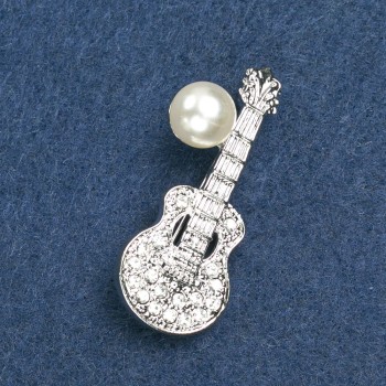 Broszka Gitara, srebrzysty metal z koralikami i kryształami, 45×15 mm +