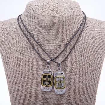 Duetowy wisior przyjaźni Love na sznurku, długość 45 cm, kolor metalu "srebro i brąz"