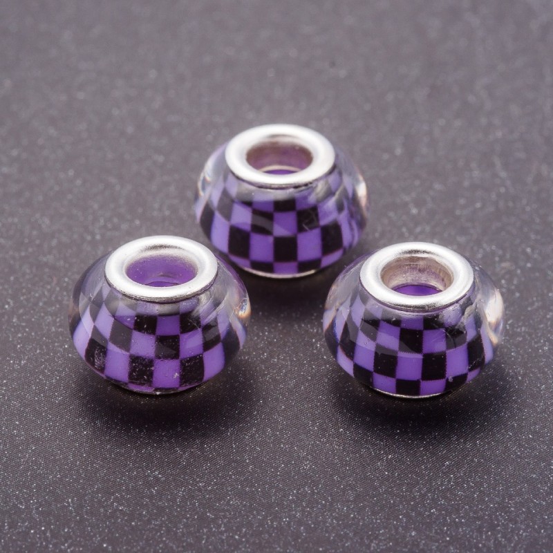 Koralik Pandora liliowy szachmatka plastik, średnica 13 mm, średnica 5 mm, opakowanie 11 szt.