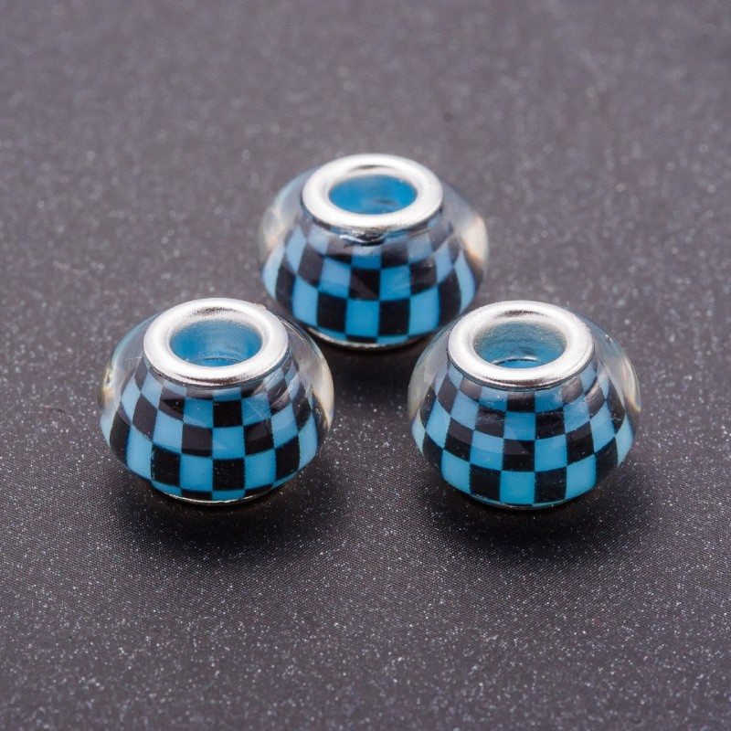 Niebieska koralika Pandora, wzór szachowy, plastik, średnica 13 mm, otwór 5 mm, opakowanie 11 szt.