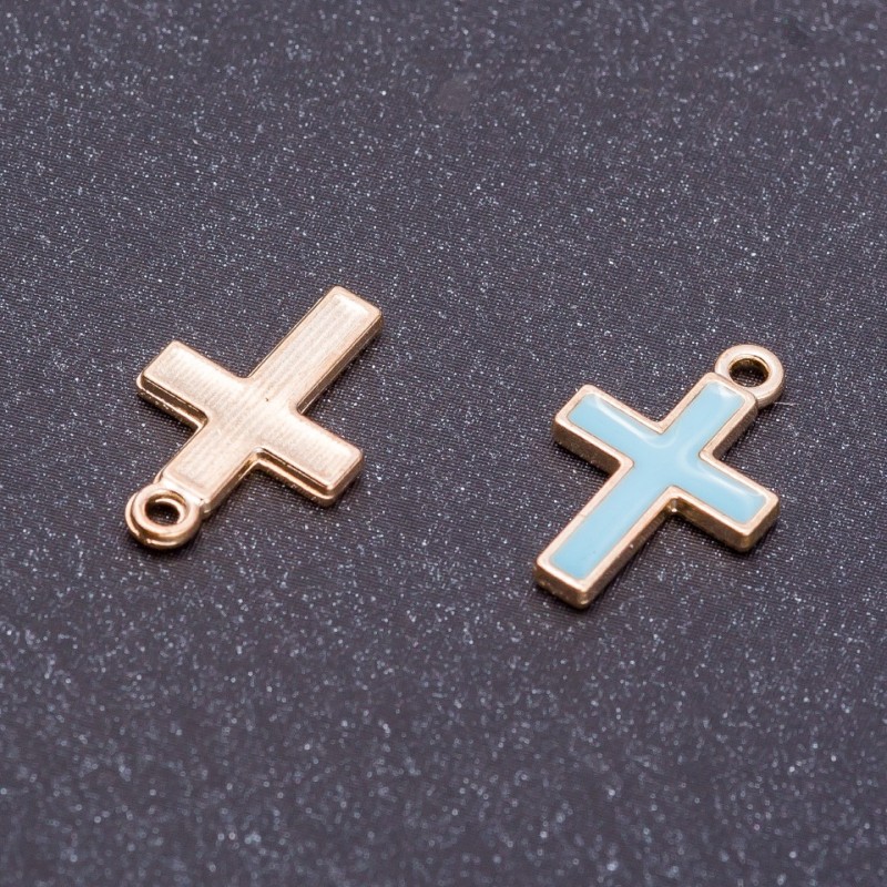Zawieszka do biżuterii „Krzyż” z błękitną emalią i złotym wykończeniem, średnica 11 mm, długość 17 mm, zestaw 10 sztuk