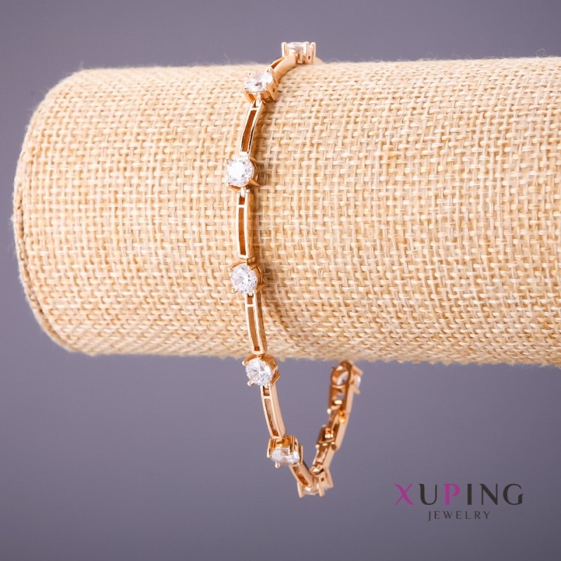 Bransoletka Xuping z białymi kamieniami, długość 18–20 cm, grubość 5 mm, kolor złoty
